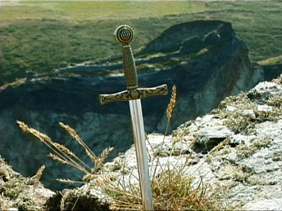 Sword in the Stone on the crown of Tintagel Castle in Cornwall